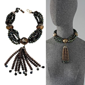 Vintage YVES SAINT LAURENT Ysl Brutalist Tassel Bundle Iridescent Crystal Necklace