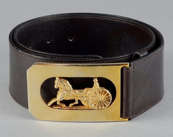 Vintage CELINE PARIS Horse Carriage Buckle Dark Brown Leather Belt