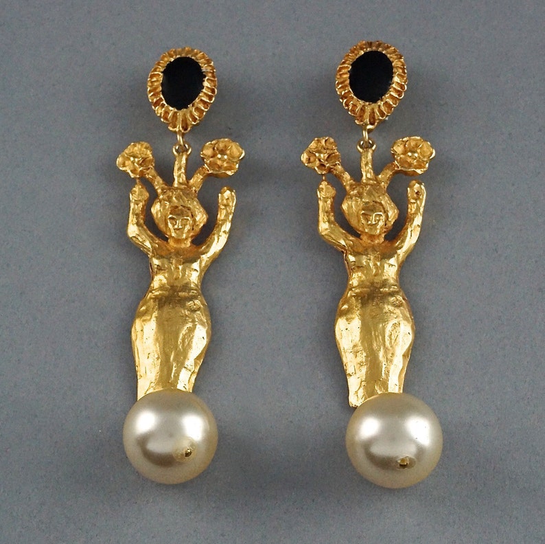 Vintage Runway CHRISTIAN LACROIX Lady Figural Enamel Pearl Earri Vintage Runway CHRISTIAN LACROIX Lady Figural Enamel Pearl Earri