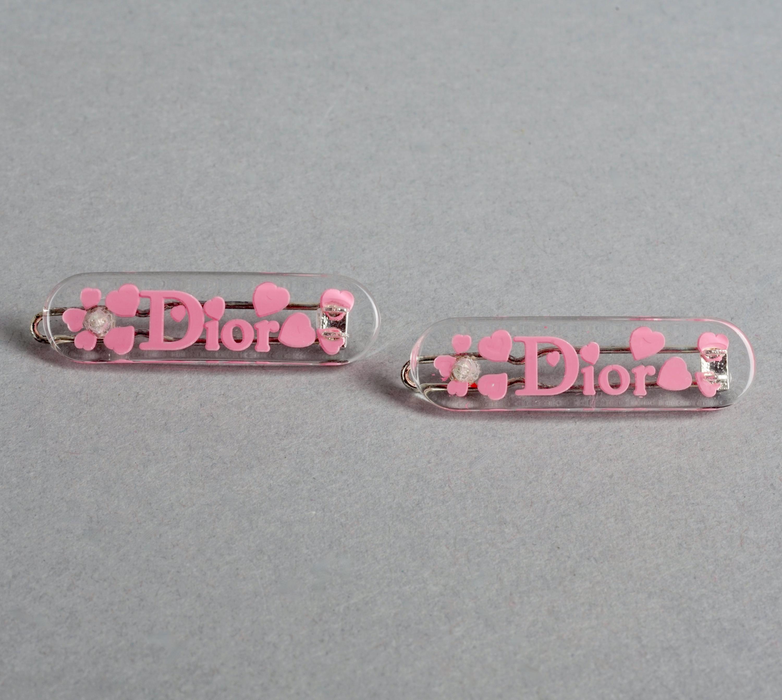 極美品✨Christian Dior Hair Rubber Pink CD Vintage CHRISTIAN DIOR Y2K Pink Heart Lucite Pair of Hair