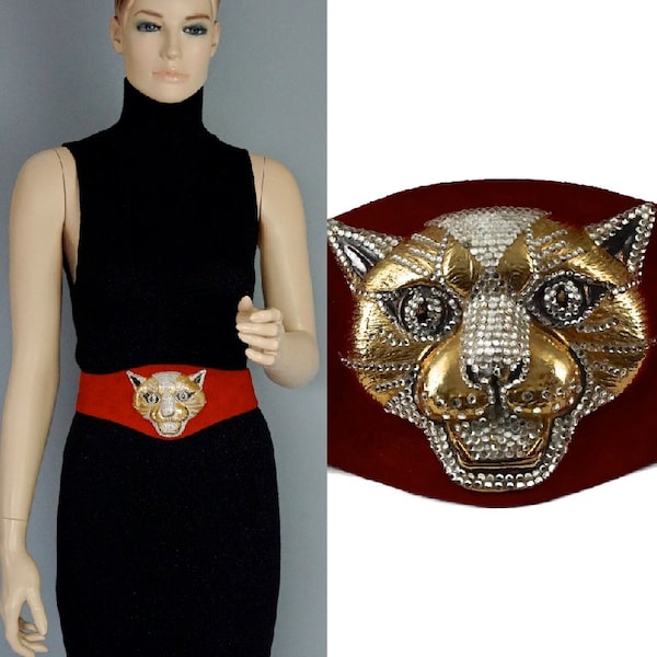Vintage HENRYKS BIJOUX VIENNE Jewelled Leopard Head Red Suede Wide Belt