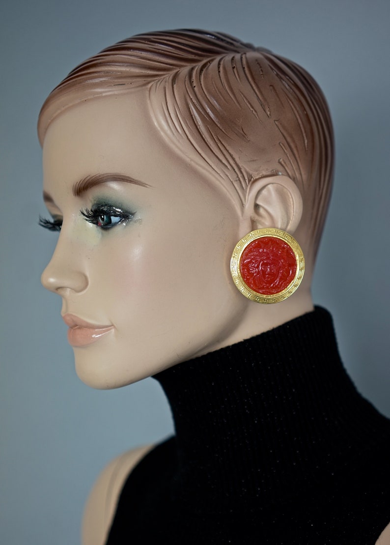 Vintage GIANNI VERSACE Red Medusa Greek Keys Medallion Disc Earrings image 7