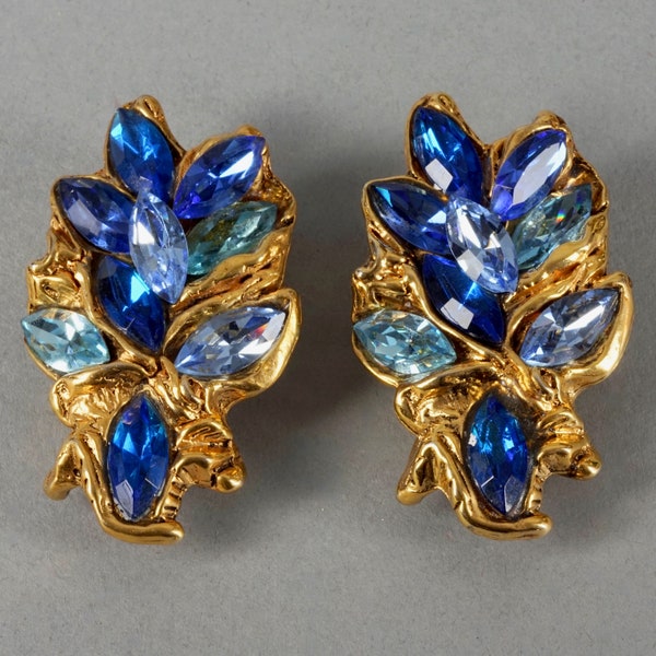 Vintage KALINGER PARIS Blue Rhinestones Massive Jewelled Earrings