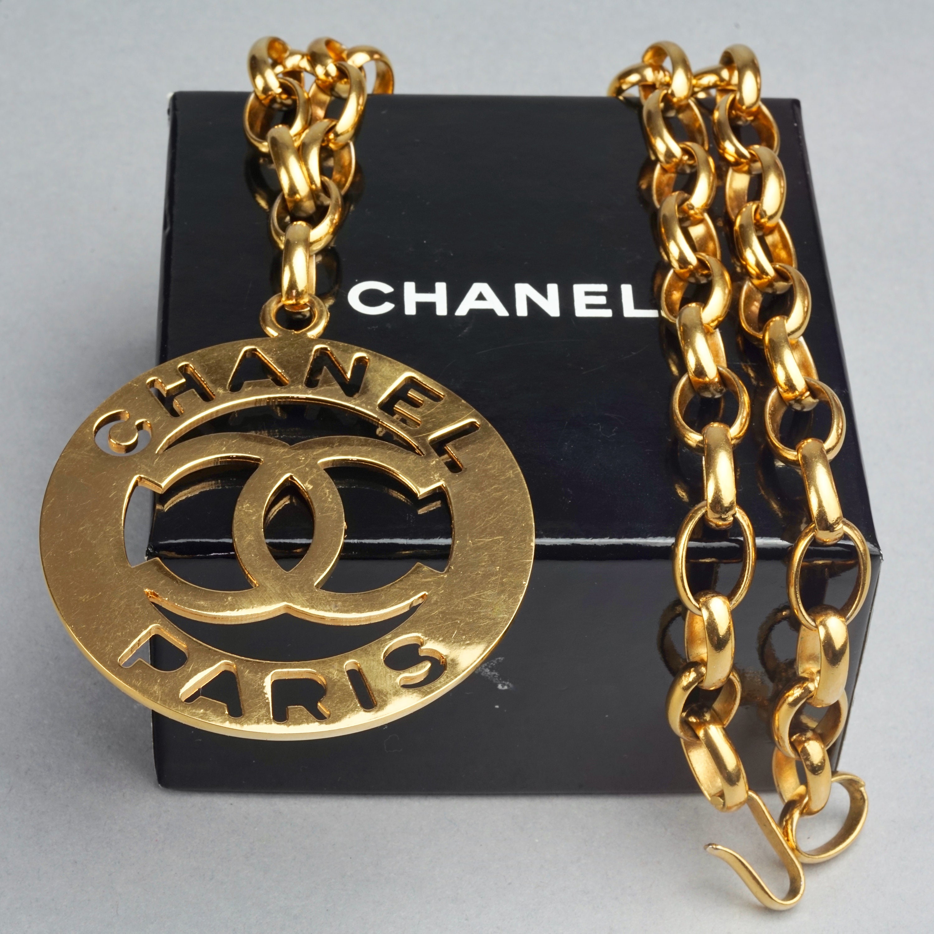 Vintage Jumbo CHANEL PARIS Cutout Logo Medallion Necklace 