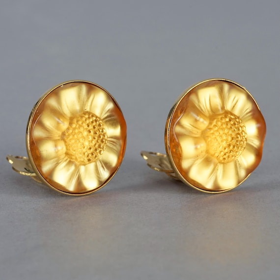 Vintage LALIQUE "MUGUET" Flower Amber Glass Clip On Earrings