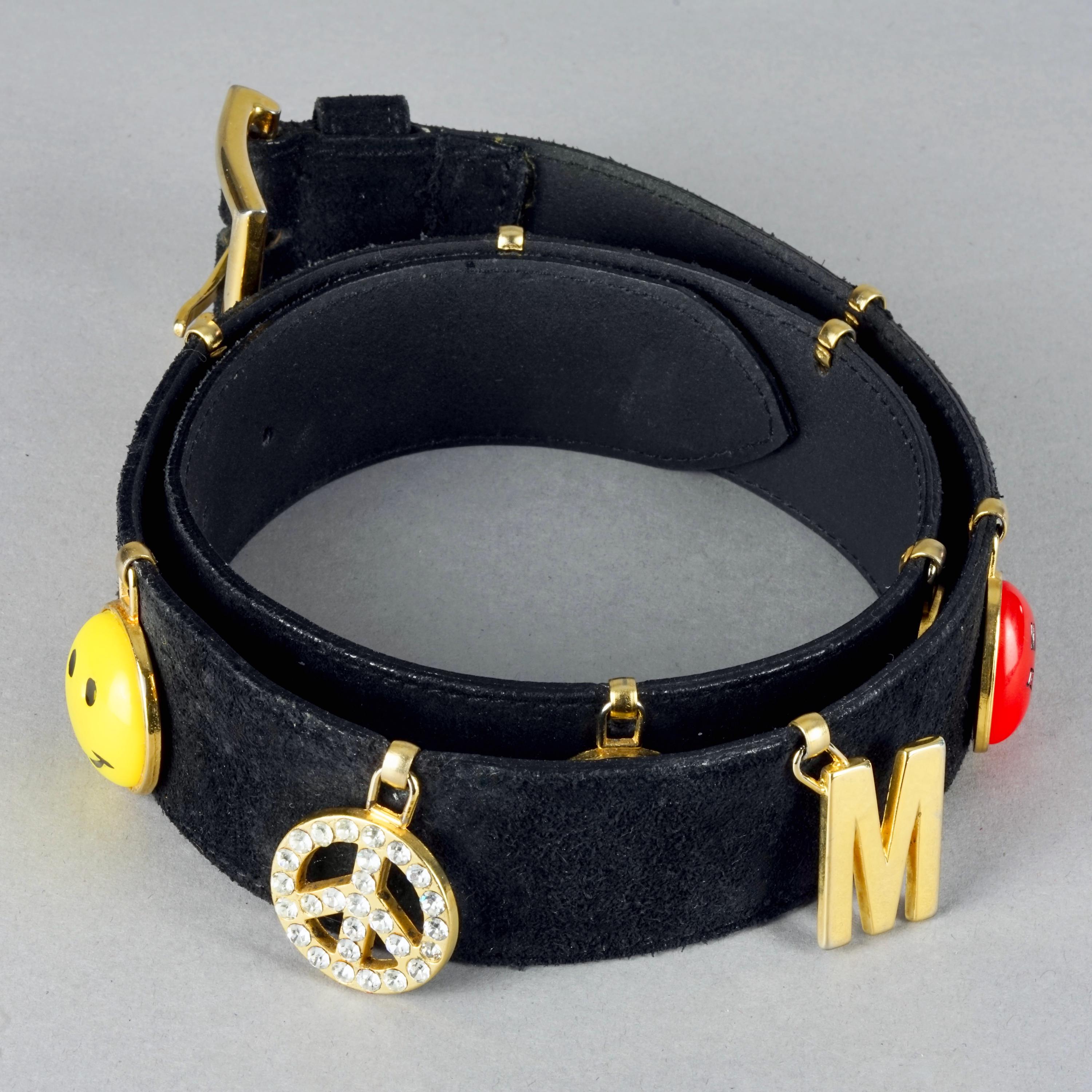 Vtg Moschino Black Suede Charm Belt Sm Cow Heart‎ Smiley Face Logo Novelty Retro Vintage MOSCHINO Iconic Love Peace Smiley Cow Charm Black  main image 3