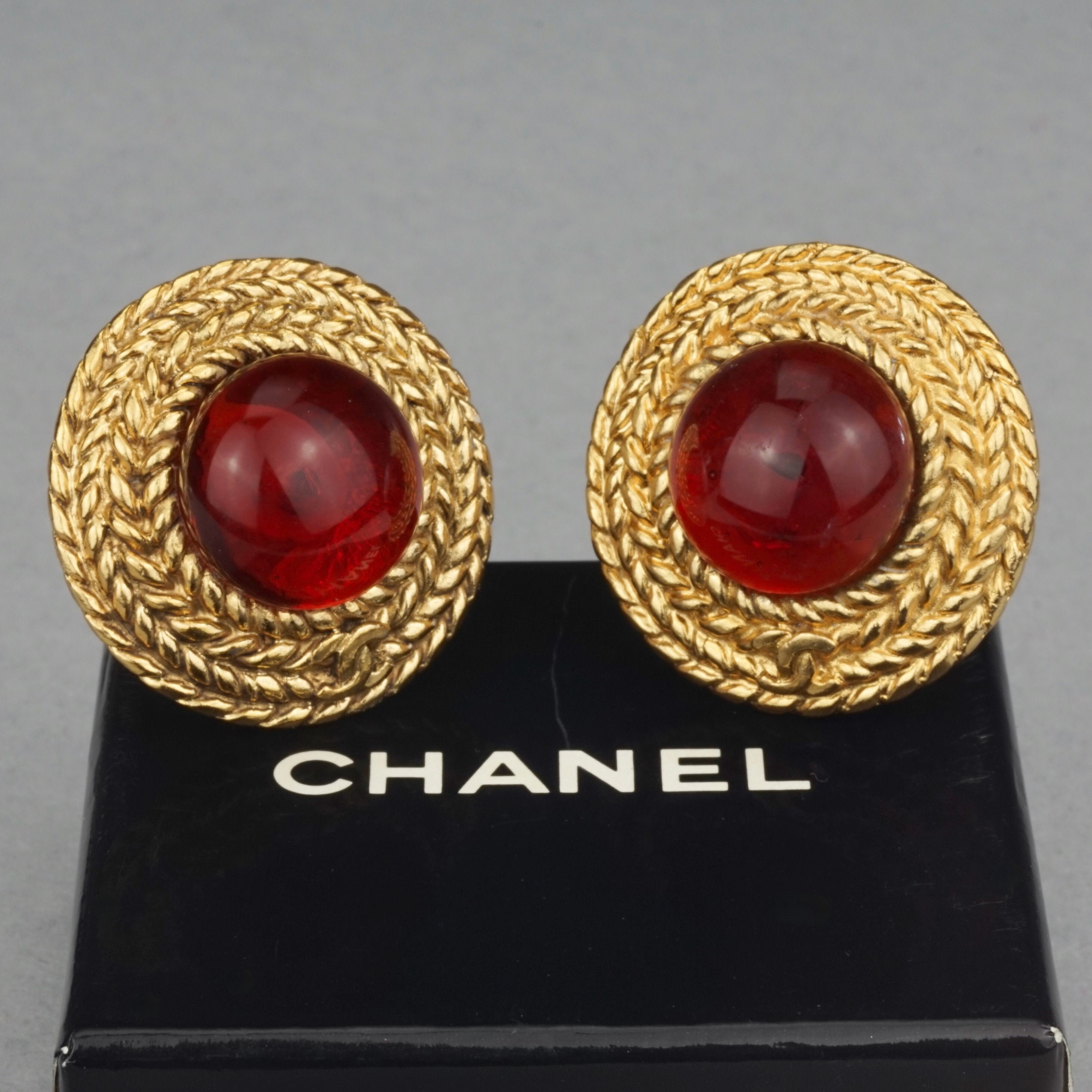 Vintage CHANEL Logo Braided Red Cabochon Earrings 