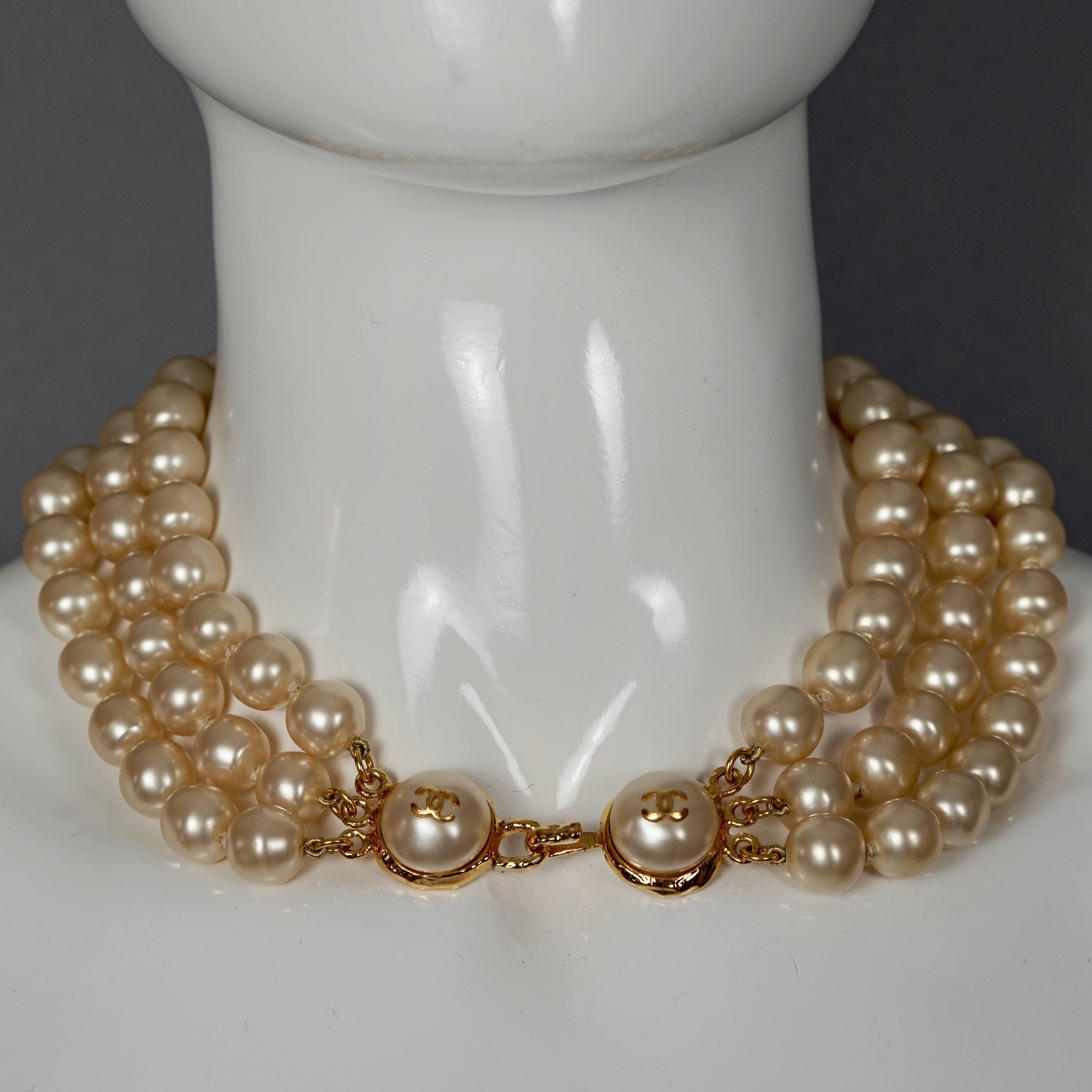 Vintage CHANEL CC Logo Triple Strand Pearl Necklace 