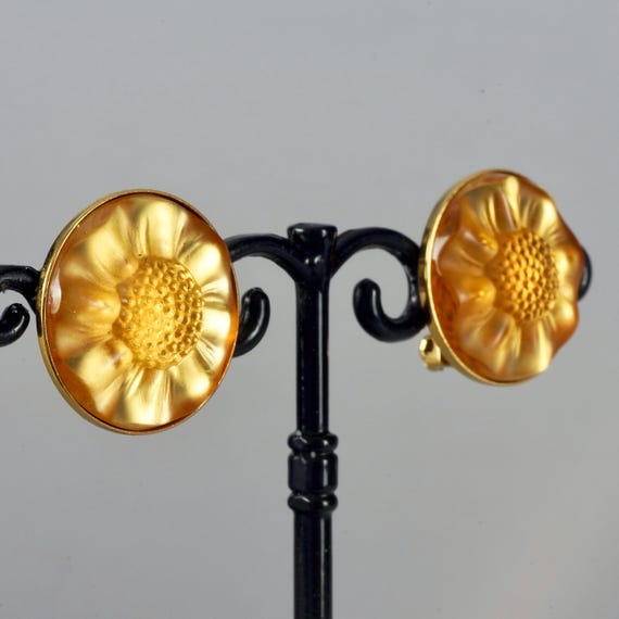 Vintage LALIQUE "MUGUET" Flower Amber Glass Clip On Earrings View 5