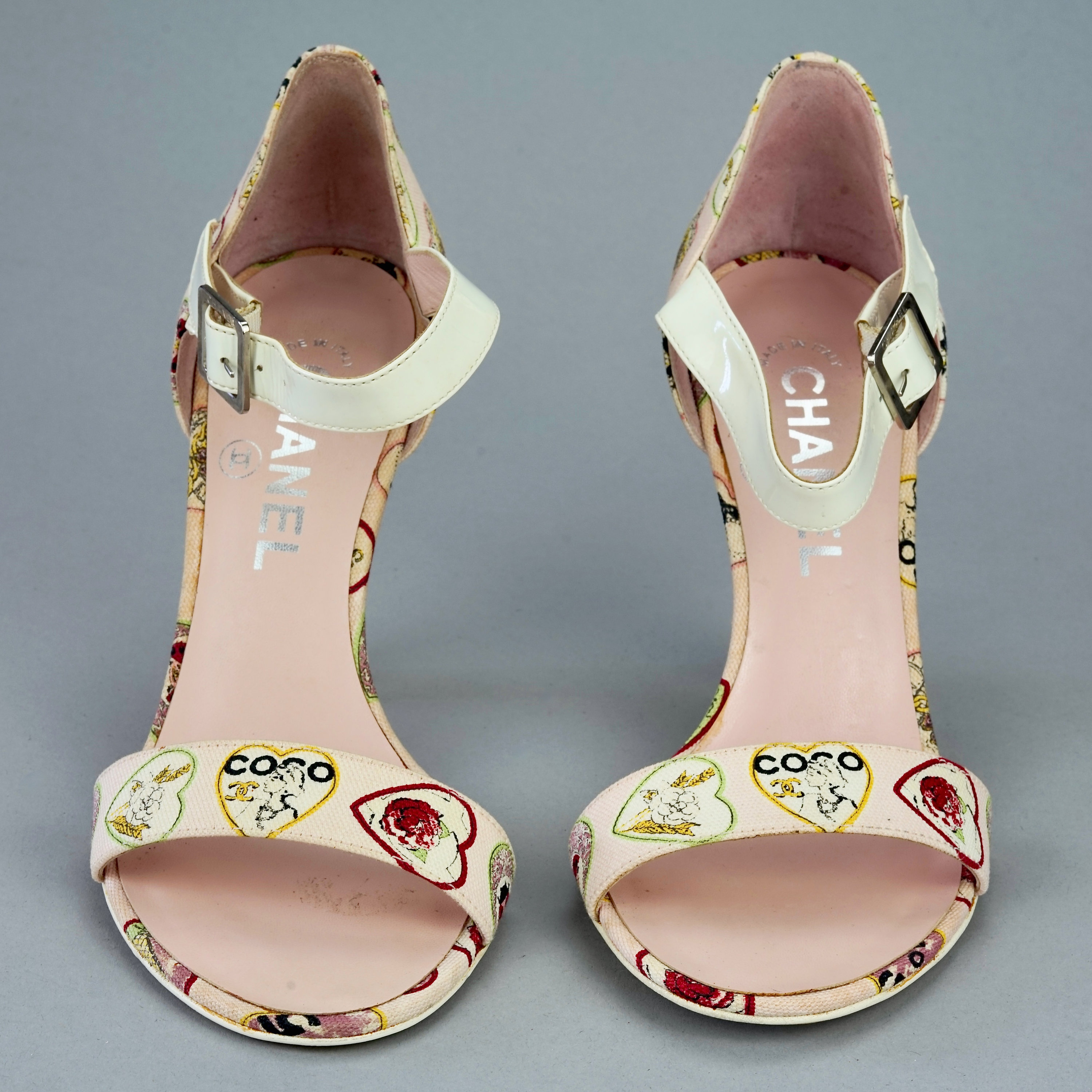 Vintage CHANEL Logo Heart Print Open Toe Ankle Strap High