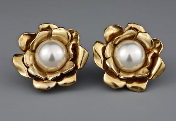 Vintage YVES SAINT LAURENT Ysl Gilt Flower Pearl … - image 3