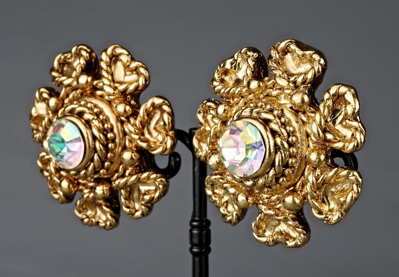 Vintage Massive CLAIRE DEVE Flower Rhinestone Earrings image 1