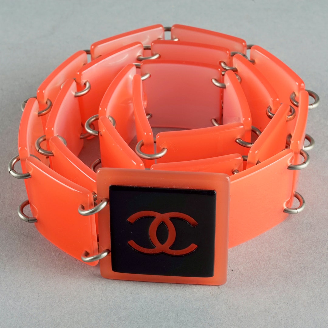 Vintage CHANEL Logo Neon Orange Modular Block Link Belt 