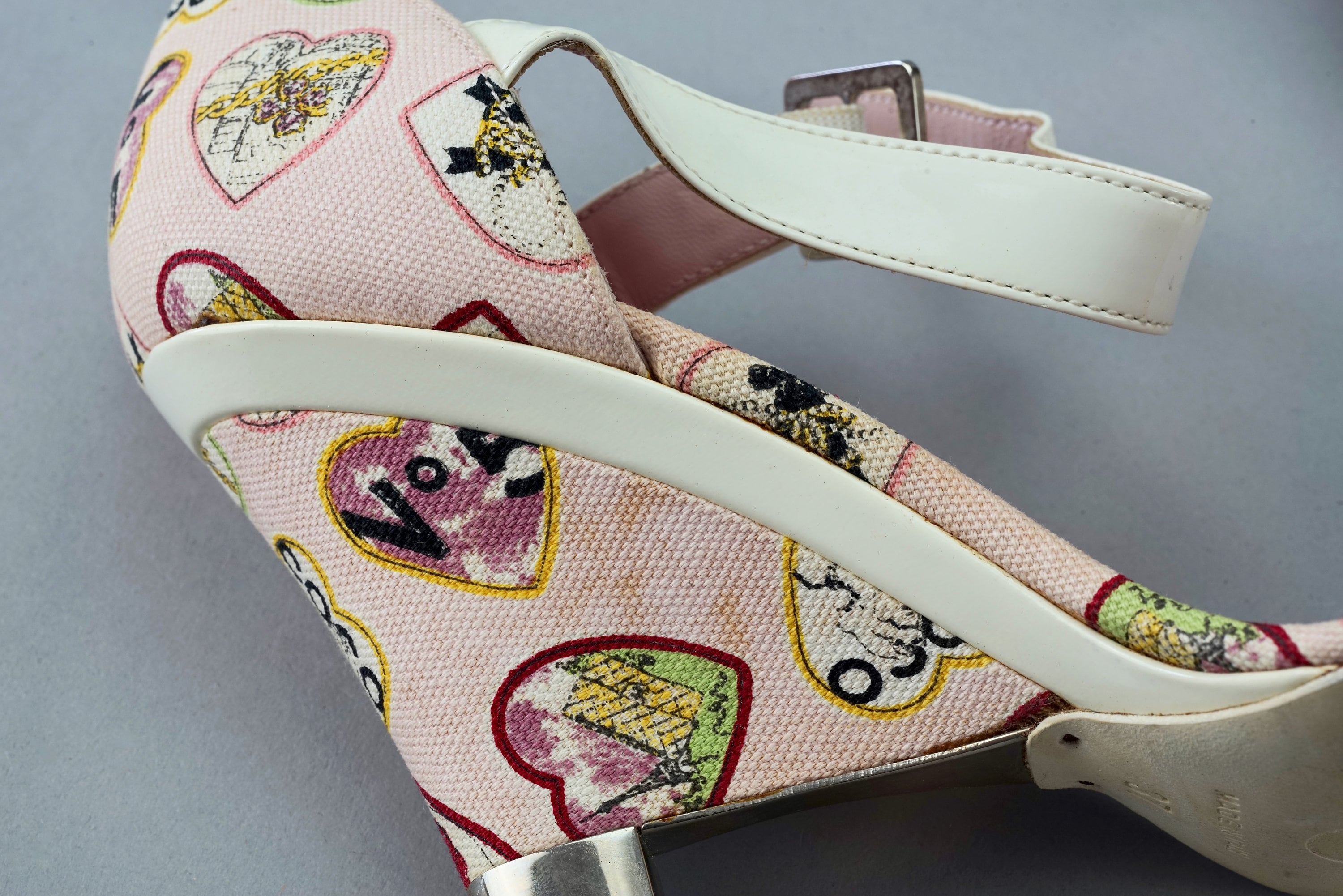 Vintage CHANEL Logo Heart Print Open Toe Ankle Strap High Heel