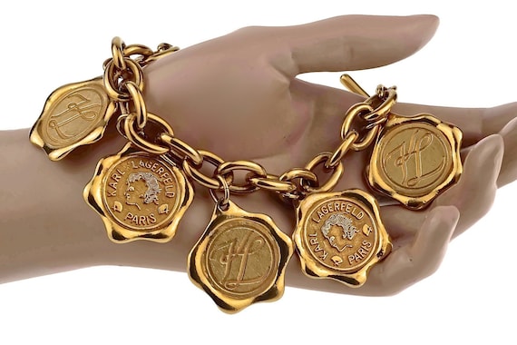 Vintage KARL LAGERFELD Logo Wax Seal Coin Medallion Charm Bracelet 
