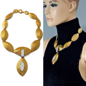 Vintage YVES SAINT LAURENT Ysl Etched Almond Rhinestone Choker Necklace