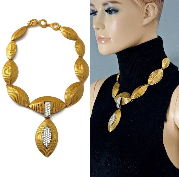 Vintage YVES SAINT LAURENT Ysl Etched Almond Rhinestone