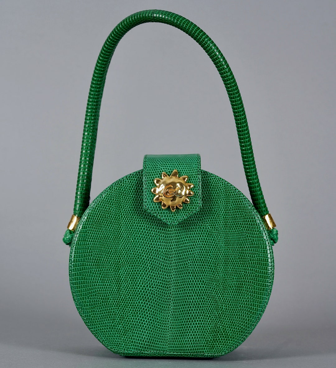 Vintage CHRISTIAN LACROIX Logo Sun Green Leather Top Handle Rigid