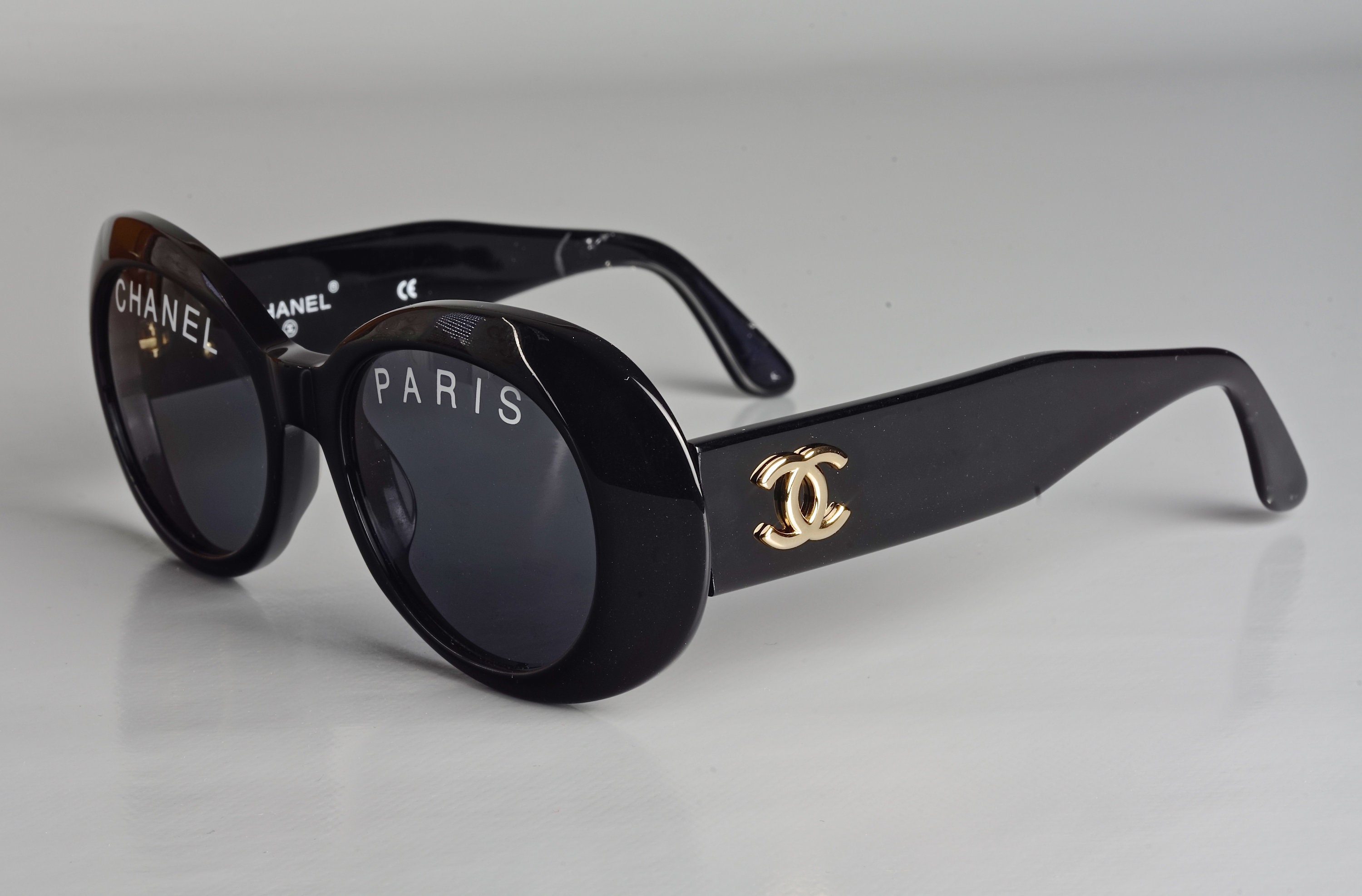 Vintage 1993 Iconic CHANEL PARIS Spelled Black Sunglasses 