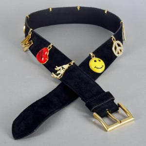 Vintage MOSCHINO Iconic Love Peace Smiley Cow Charm Black Leather Belt