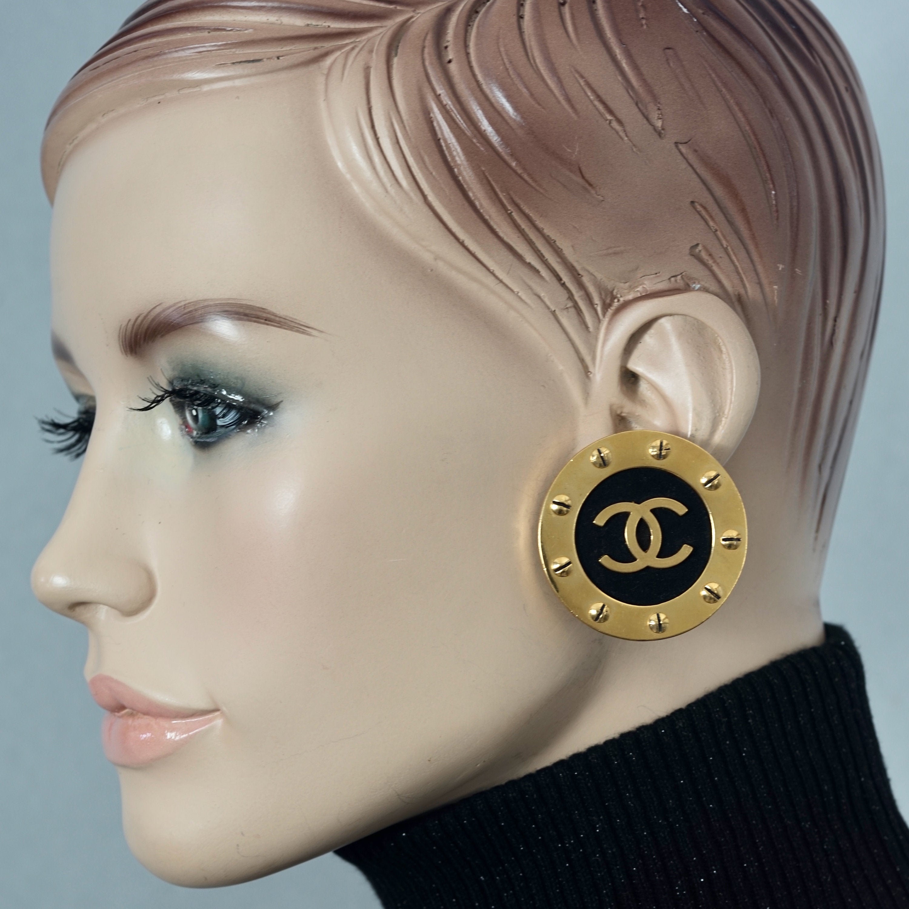 Vintage Jumbo CHANEL CC Logo Screw Disc Earrings 