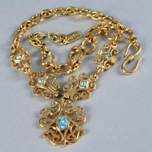 Vintage YVES SAINT LAURENT Ysl Baroque Link Blue Rhinestones Necklace