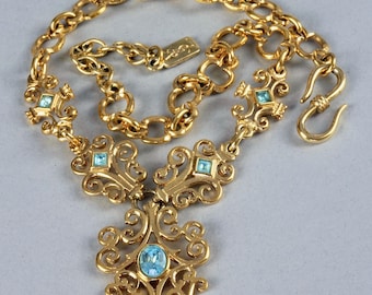 Vintage YVES SAINT LAURENT Ysl Baroque Link Blue Rhinestones Necklace