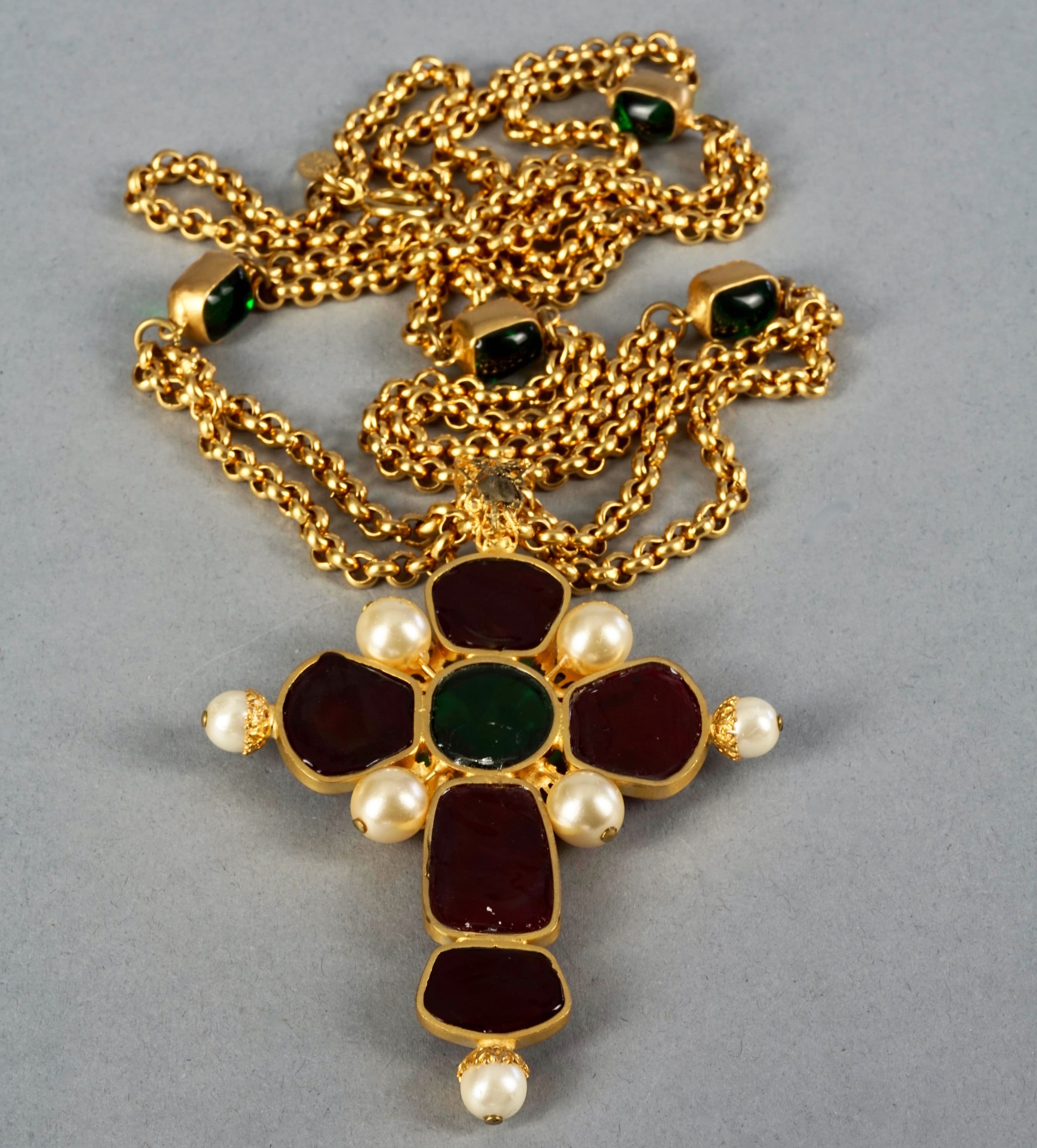 Gold Metal, Imitation Pearl, and White Gripoix Byzantine Cross Necklace,  2001