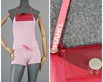 Vintage CHANEL Logo Transparent Pouch Candy Pink Bathing Suit Swimsuit Bodysuit