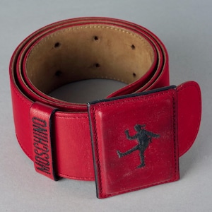 Vintage MOSCHINO REDWALL Embroidered Logo Silhouette Buckle Red Leather Belt