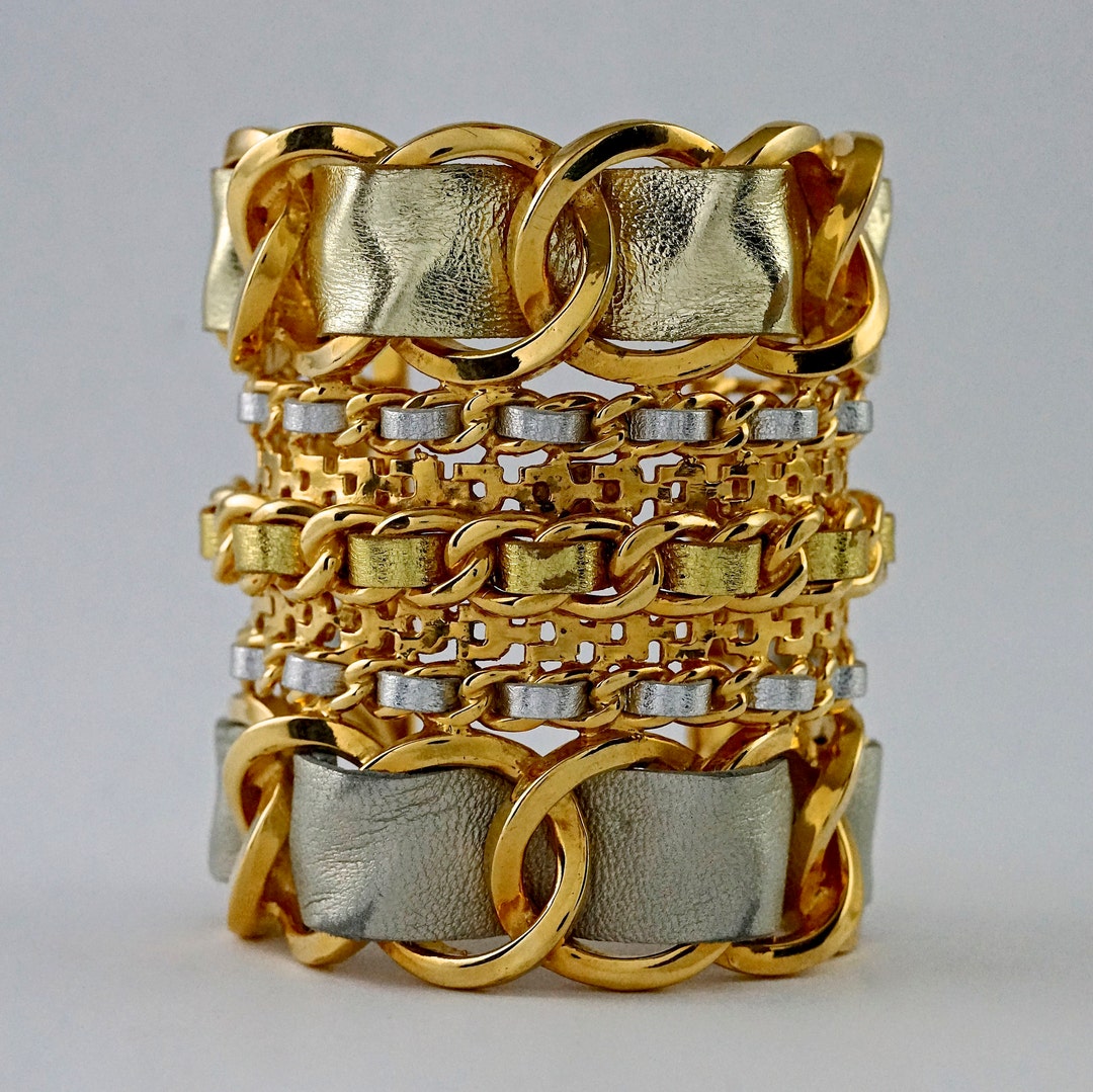 Vintage Massive CHANEL Gold Silver Leather Chain Cuff Bracelet -   Denmark