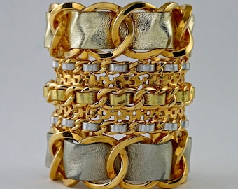 Vintage Massive CHANEL Gold Silver Leather Chain Cuff Bracelet