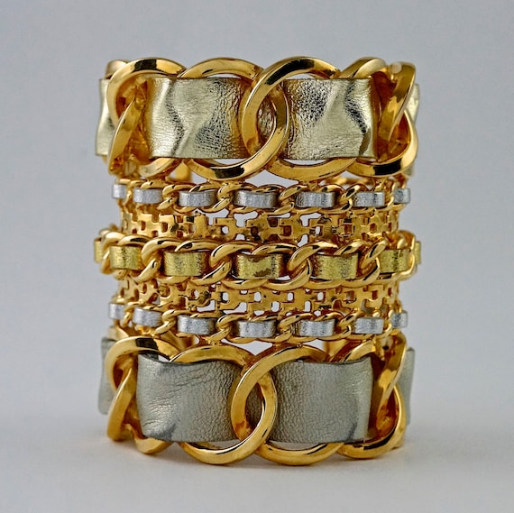 Vintage Massive CHANEL Gold Silver Leather Chain Cuff Bracelet 