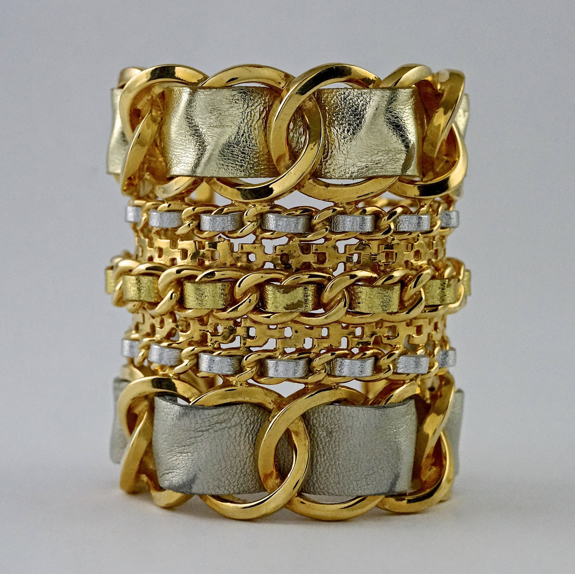 Vintage Massive CHANEL Gold Silver Leather Chain Cuff Bracelet 