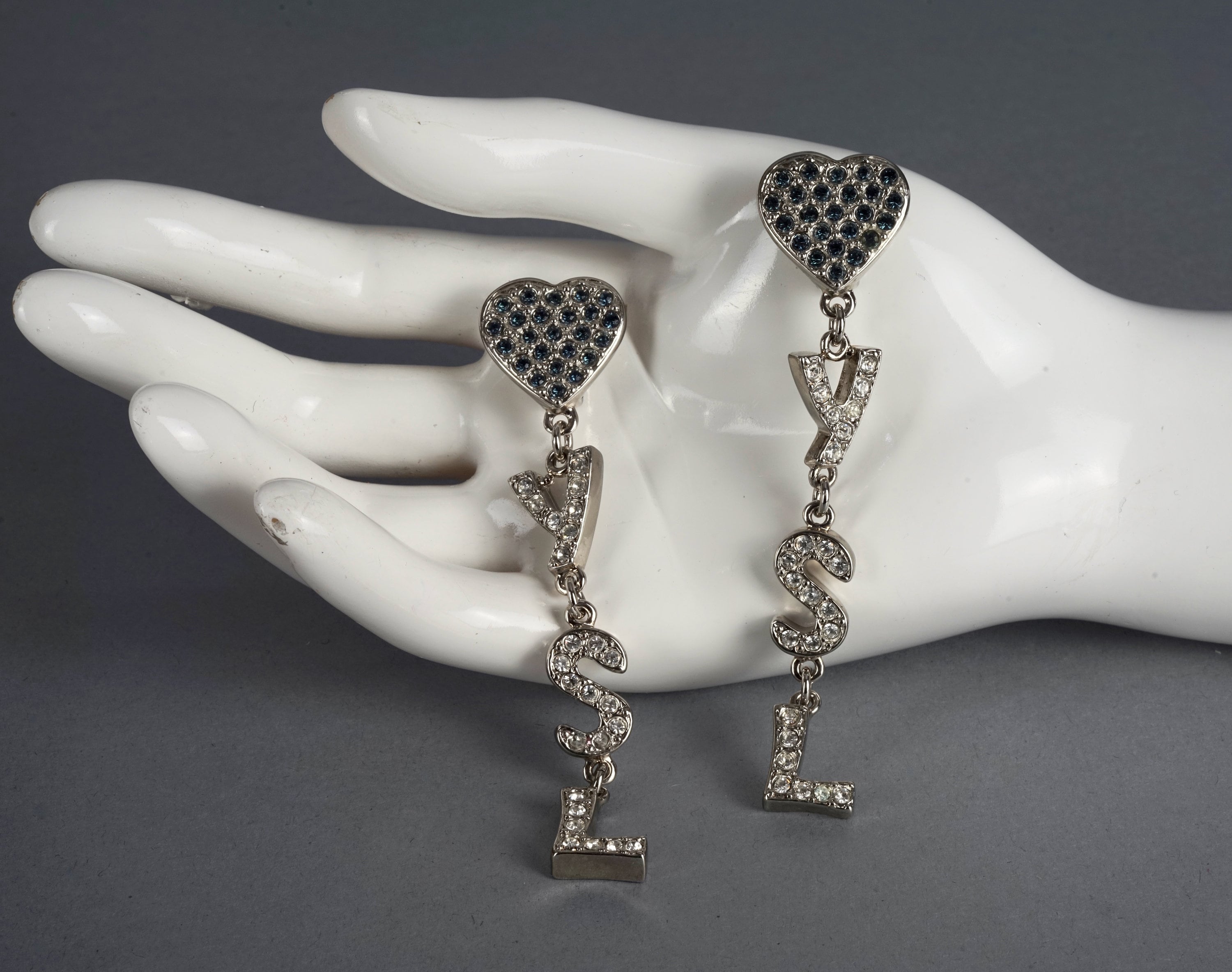 Vintage YVES SAINT LAURENT Ysl Initials Heart Rhinestone Dangling