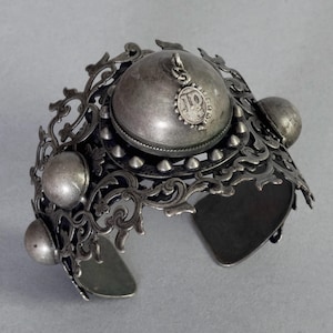 Vintage JEAN PAUL GAULTIER Logo Brutalist Filigree Dome Cuff Bracelet