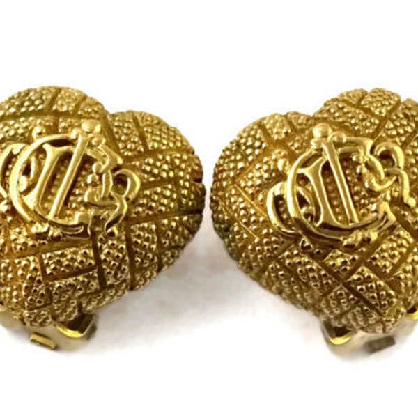 Vintage CHRISTIAN DIOR Quilted Logo Monogram Heart Earrings