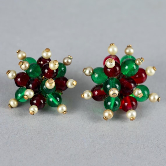 Vintage LOUIS ROUSSELET French Red and Green Gripoix Pearl Cluster Earrings