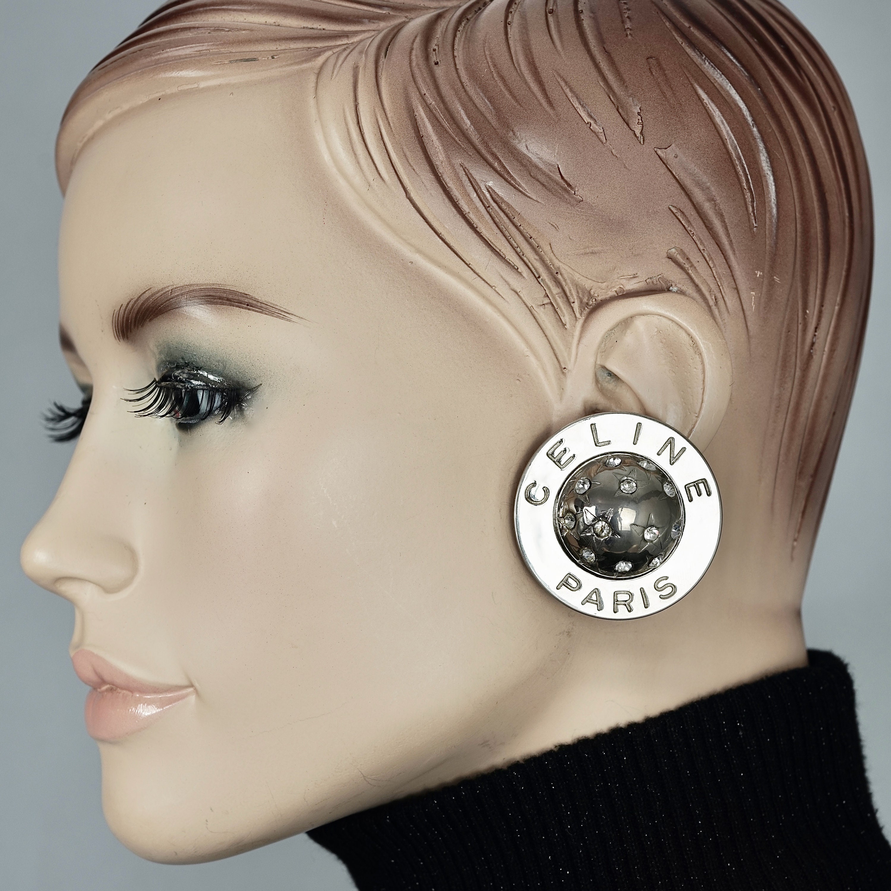Vintage 1989 CELINE PARIS Rhinestone Planet Sphere Earrings