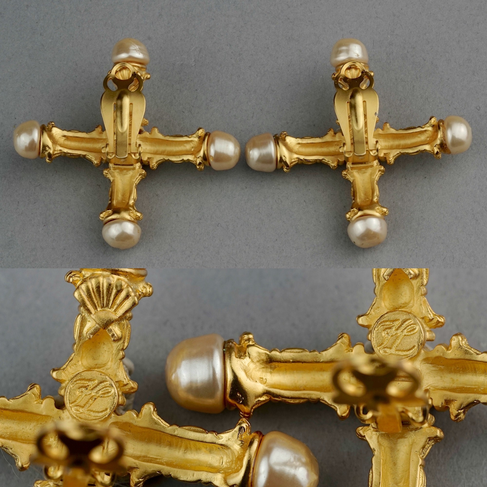 Vintage KARL LAGERFELD Roman Pillar Cross Pearl Earrings - Etsy