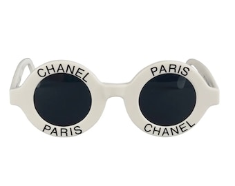 Vintage 1993 Iconic CHANEL PARIS CC Logo Round White Sunglasses