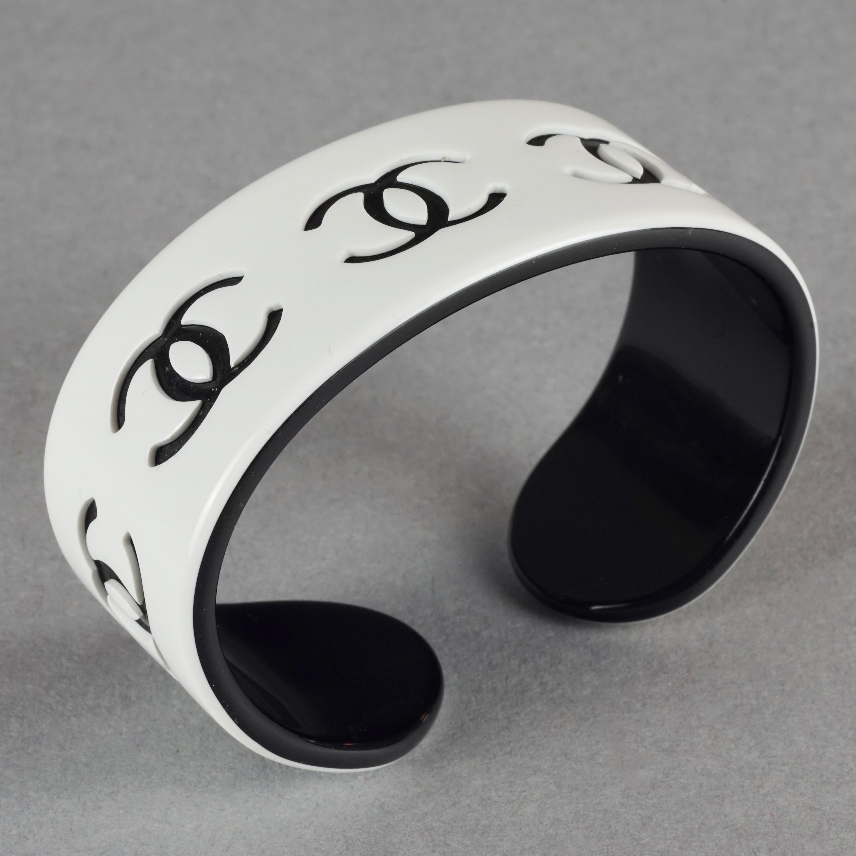 Vintage CHANEL White and Black CC Logo Perspex Cuff Bracelet Vintage CHANEL White and Black CC Logo Perspex Cuff Bracelet