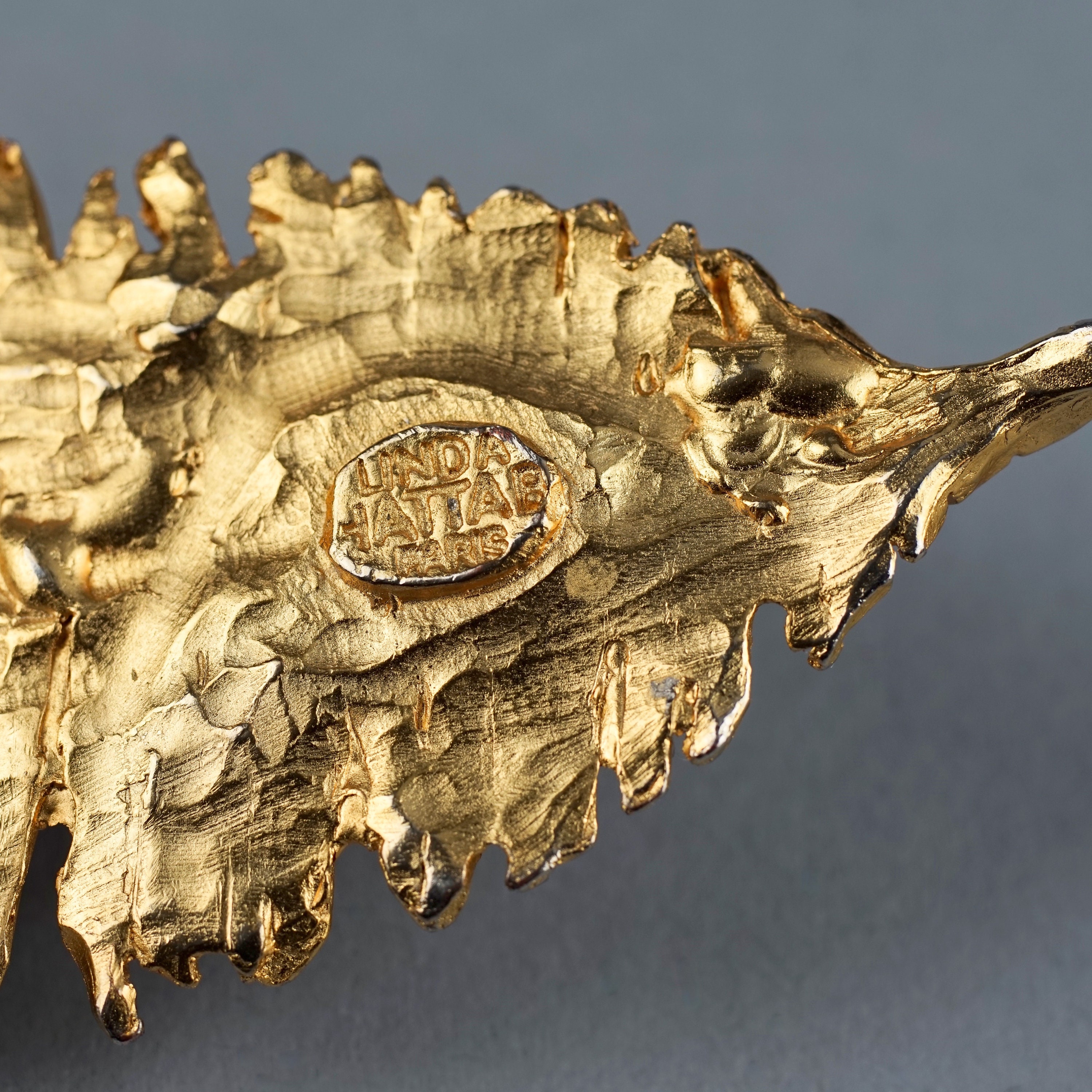 Vintage Masssive LINDA HATTAB PARIS Textured Leaf Novelty Brooch