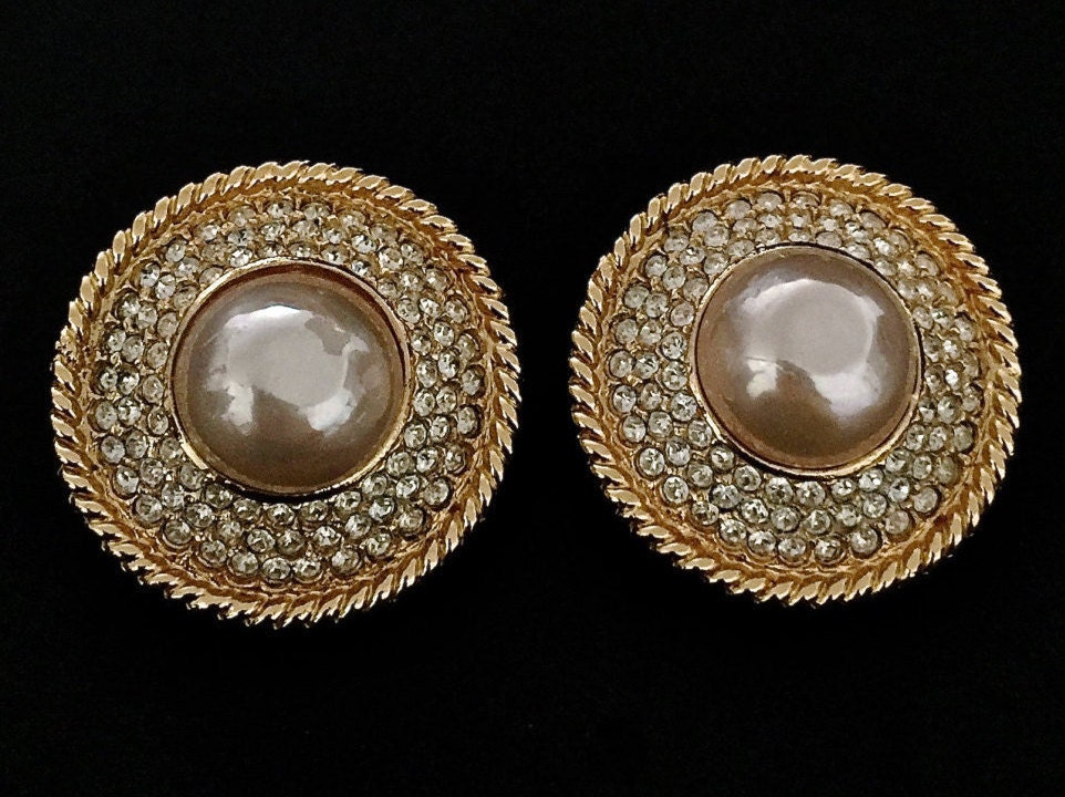 Vintage CHANEL Pearl Rhinestone Disc Earrings 