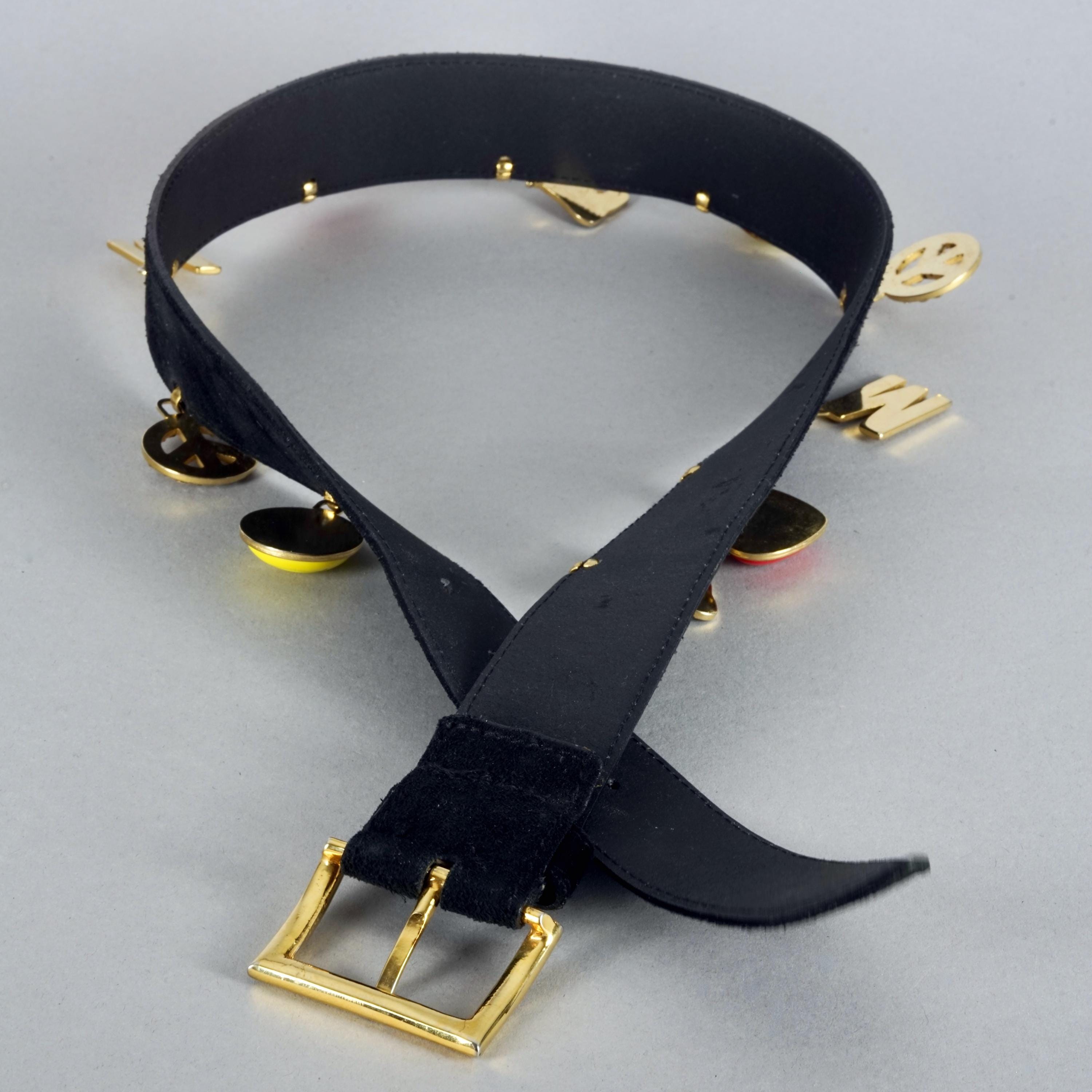 Vtg Moschino Black Suede Charm Belt Sm Cow Heart‎ Smiley Face Logo Novelty Retro Vintage MOSCHINO Iconic Love Peace Smiley Cow Charm Black  main image 4