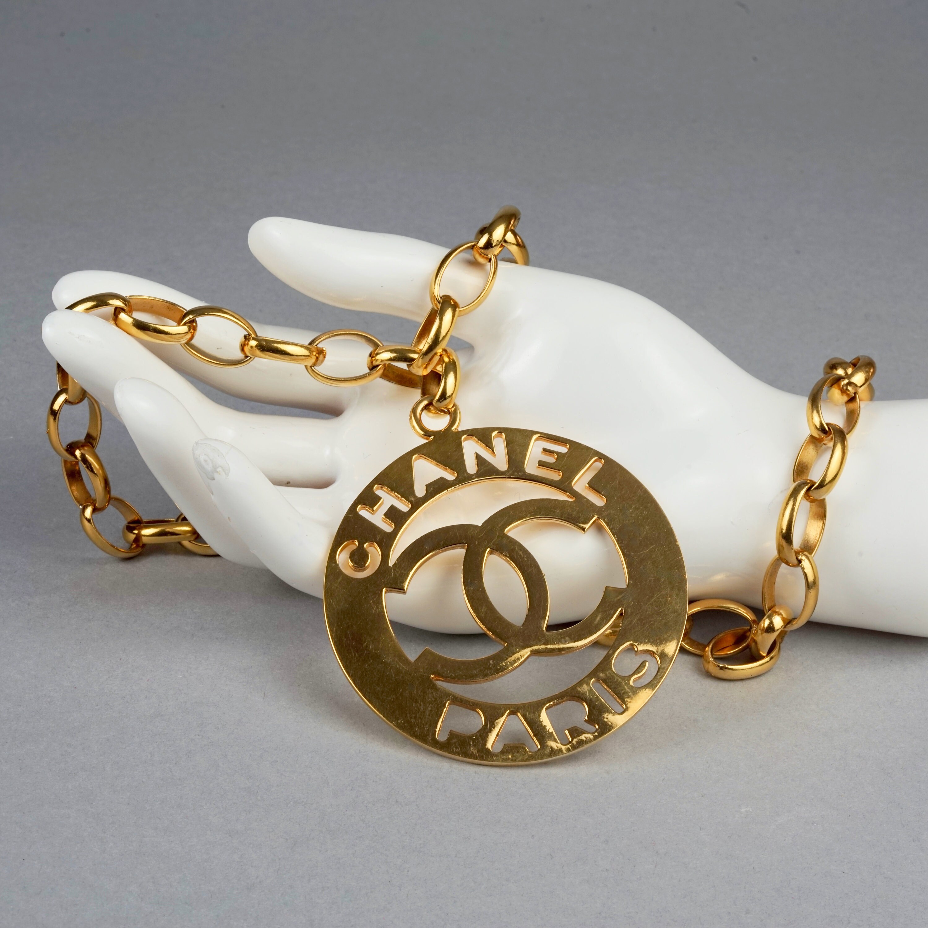 Vintage Jumbo CHANEL PARIS Cutout Logo Medallion Necklace 