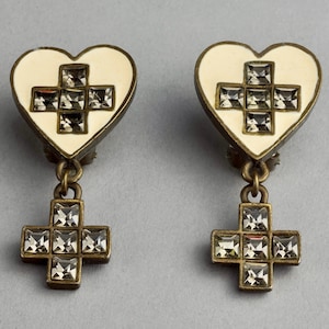 Vintage JEAN PAUL GAULTIER Heart Cross Rhinestone Dangling Earrings