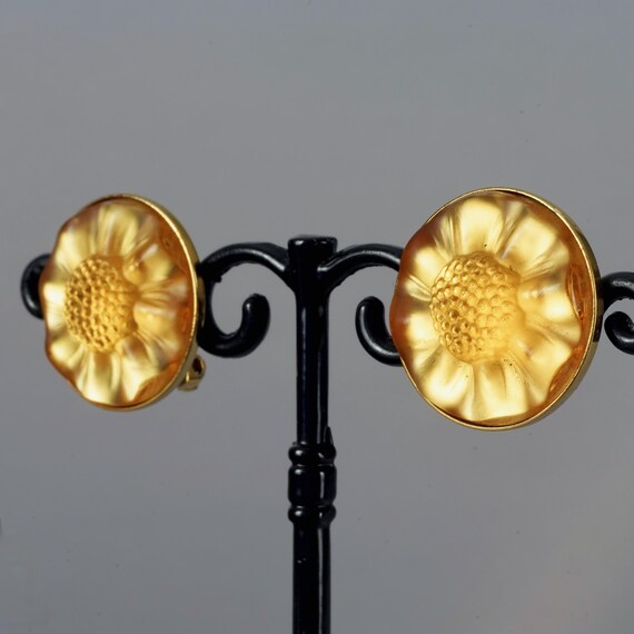 Vintage LALIQUE "MUGUET" Flower Amber Glass Clip On Earrings View 4