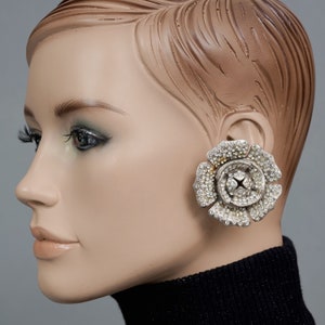 Vintage Massive LANVIN PARIS Flower Rhinestone Silver Earrings