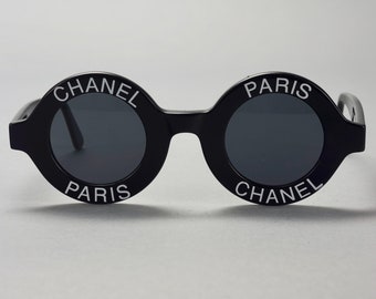 Vintage 1993 Iconic CHANEL PARIS CC Logo Round Black Sunglasses